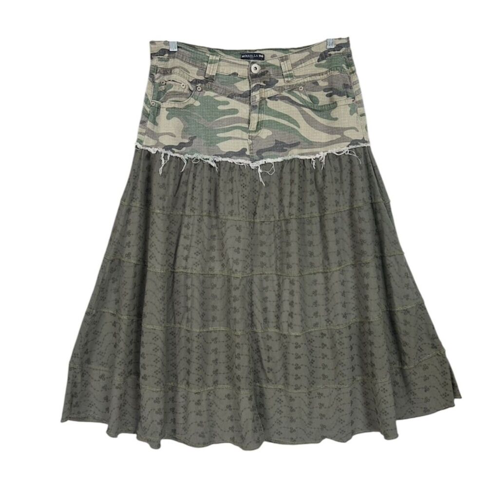 Vanilla Star Y2K Mixed Media Camo Eyelet Midi Maxi Skirt Sz 18 Green